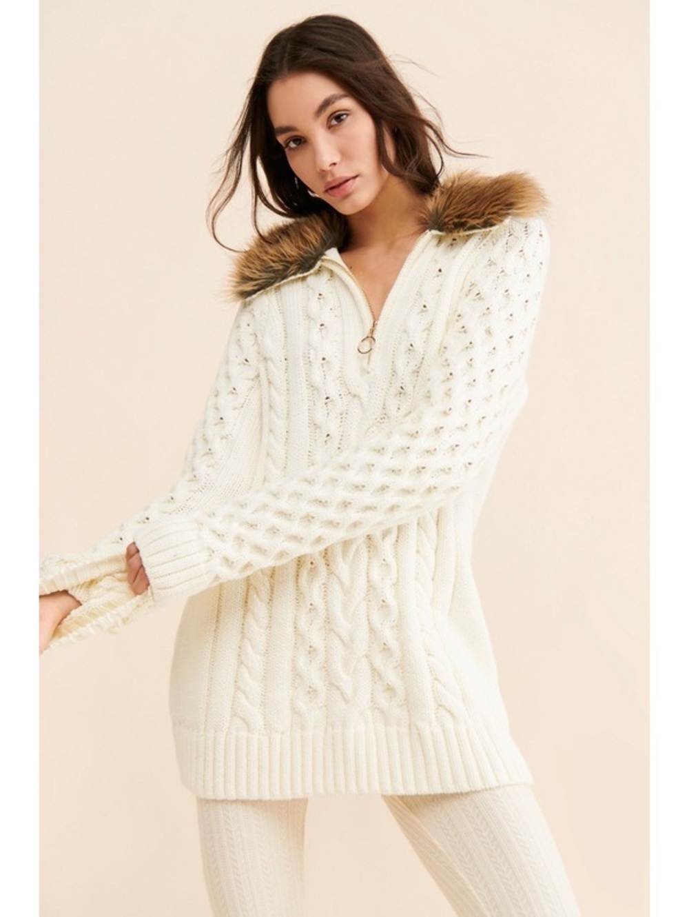 SHOW ME YOUR MUMU Sun Valley Faux Fur Cable Knit Pullover - Picture 2 of 8